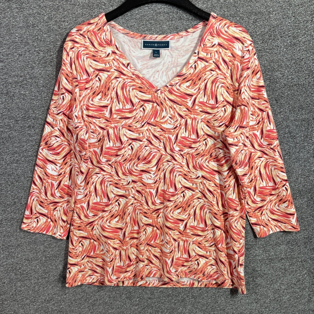 Karen Scott Top Womens L Orange Abstract Swirl V-Neck 3/4 Sleeve Knit